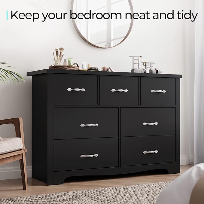 LINSY HOME 7 Drawers Dresser for Bedroom, Wood Bedroom Dressers Modern Drawer Chest, 7 Chest of Drawer, Tall Dresser for Closet, Dressers Organizer for Living Room, Closet, Hallway