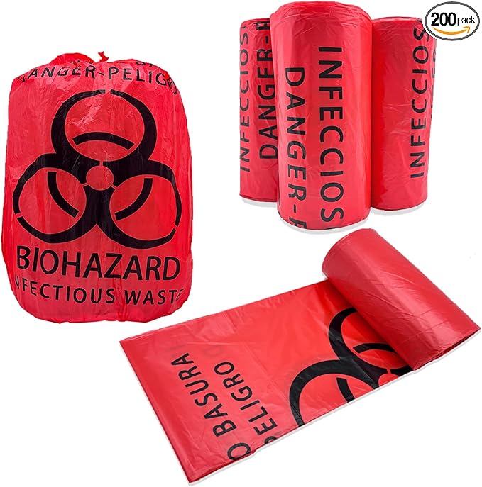 200 Count 24.4inx24.4in Biohazard Waste Bags, 10-Gallon Safe Infectious Waste Disposal Bags,Red Trash Liner,No Leak Bags, Medical Grade