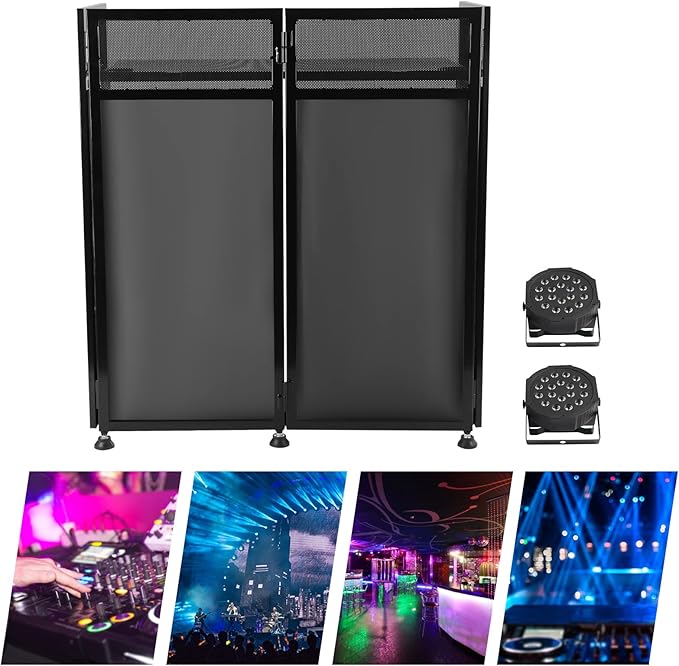 DJ Booth DJ Facade Table Station 82.7x44inch DJ Facade Booth Adjustable Height DJ Stand Foldable Metal Frame DJ Booth Panel DJ Controller Stand with 2LED 7Color Lights 2Scrims and Carrying Bag
