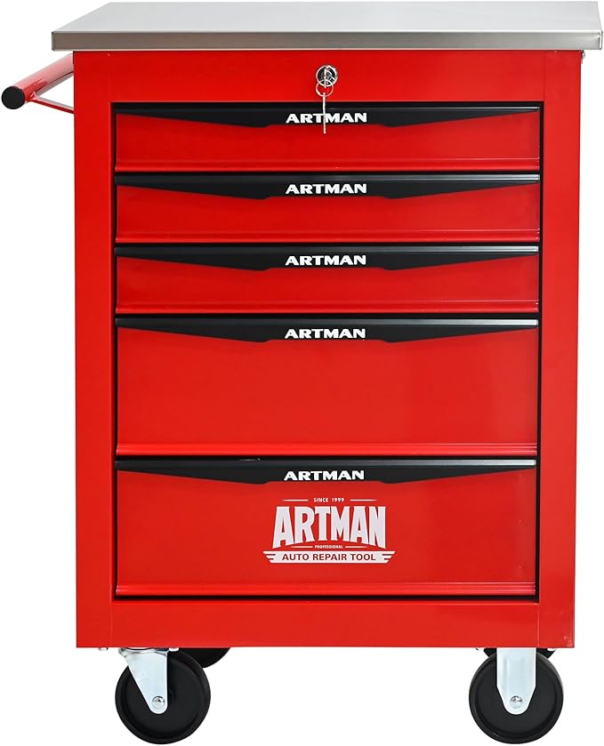 5-Drawer Heavy-Duty Rolling Tool Chest with Wheels & Steel Roof, Lockable Tool Chest Storage Cabinet for Garage, Workshop, Warehouse, and Repair Shop