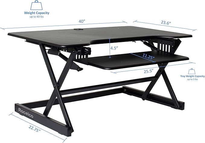Rocelco 40" Large Height Adjustable Standing Desk Converter with Dual Monitor Stand BUNDLE - Quick Sit Stand Up Computer Workstation Riser - Retractable Keyboard Tray - Black (R DADRB-40-DMS)