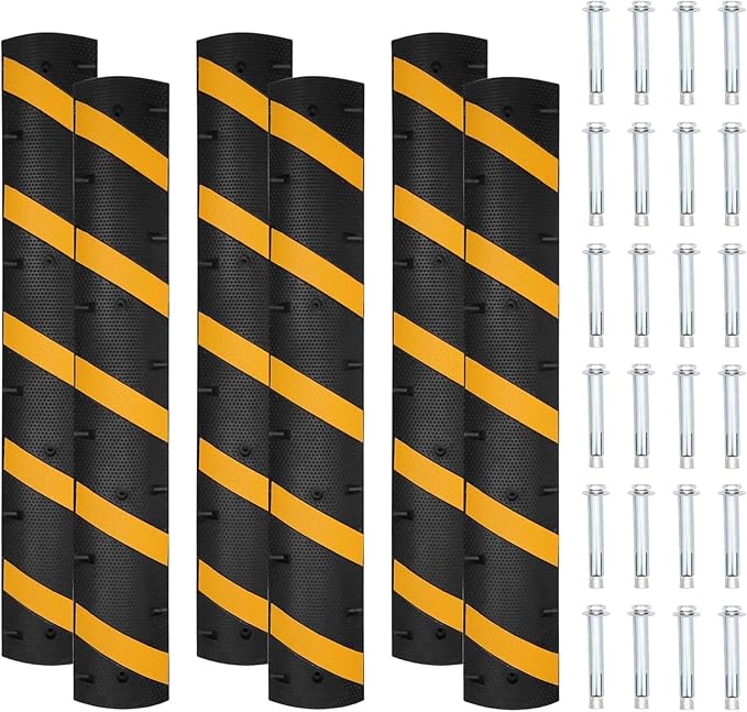 6 FT Heavy Duty Rubber Speed Bump 6-Pack, Driveway Cable Protector Ramp with Installation Bolts for Parking Lots, Garage & Gravel Roads