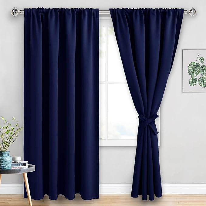 JIUZHEN Blackout Curtains for Bedroom - Thermal Insulated Room Darkening Rod Pocket Curtains for Living Room, Set of 2 Panels with Tiebacks, 70 x 96 Inch Length, Navy Blue
