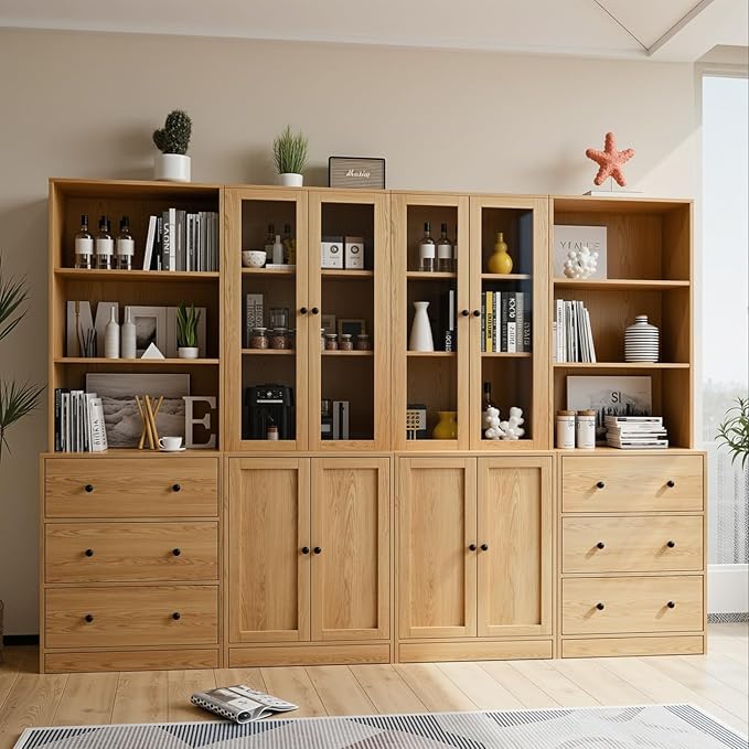 TUSY 71" H Bookshelf Bookcase with Doors, 3-Tier Modern Bookshelves with 3 Large Drawer, Display Bookcase with Glass Doors, Modern 5-Tier Curio Cabinet for Home Office, Dining Room (Wood, ABBA)