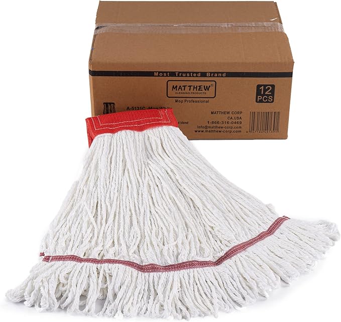 Matthew Cleaning Microfiber String Mop Heavy Duty Commercial Wet Mop Head Replacement,Excellent Absorbency,Premium Launderability,Reusable for Home,Commercial and Industrial Use(White,12Pack)