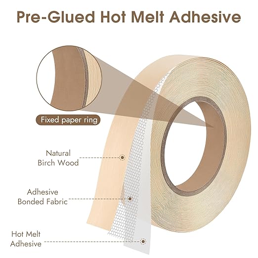 BEVTEE Birch Edge Banding 3/4 Inch x 50 ft Wood Veneer Roll Pre-glued, Flexible, Birch Iron-on Veneer Edge Band for Plywood & Furniture Edging, Natural Wood Color for DIY & Professional Projects