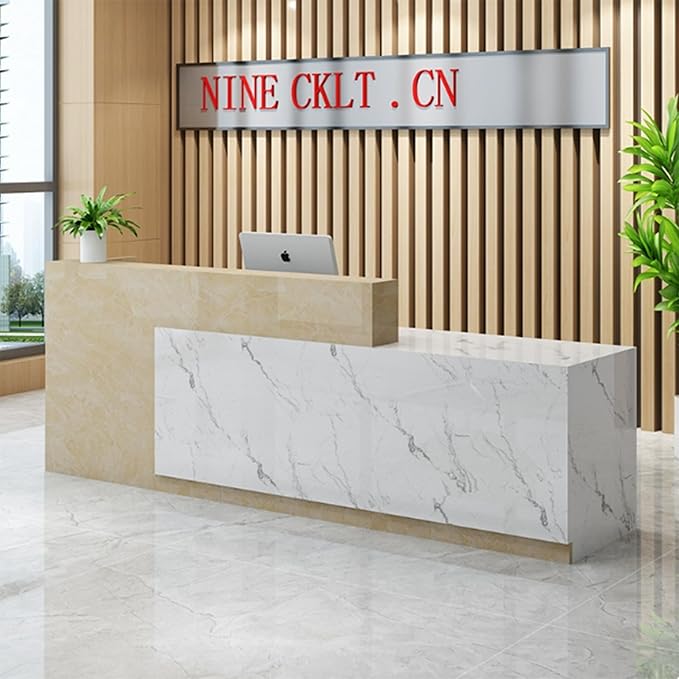 PLMOKN Wood Reception Desk Marble Stone with Checkout Retail Counter L Shaped Modern Mostrador para Negocio Office Desk Closed Front with Storage Drawers for Barber,Salon,Clothing Store