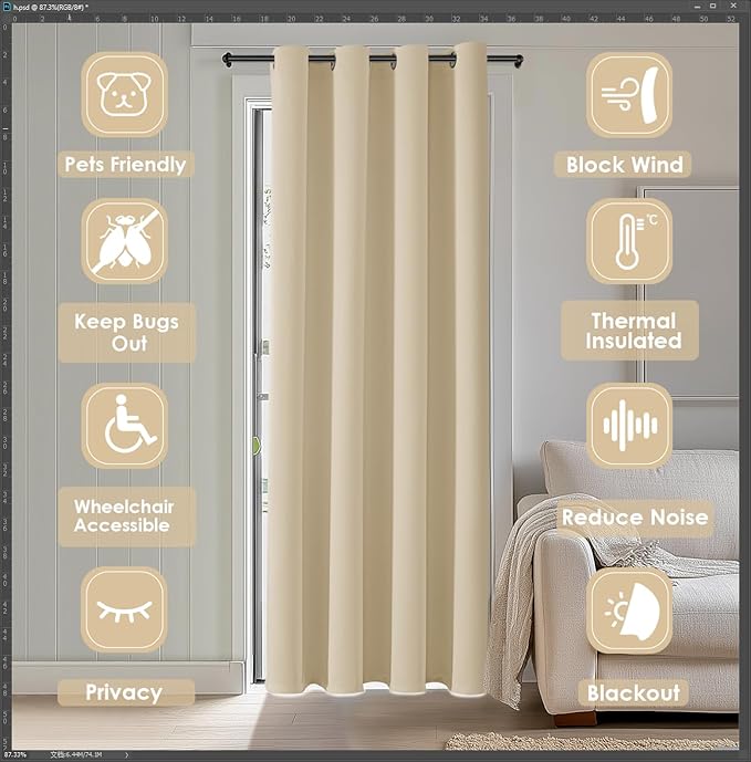 ChrisDowa Blackout Curtains 80 Inches Long for Doorways and Closets, Thermal Insulated Temporary Room Dividers (1 Panel, Biscotti Beige, 52 x 80 Inch)