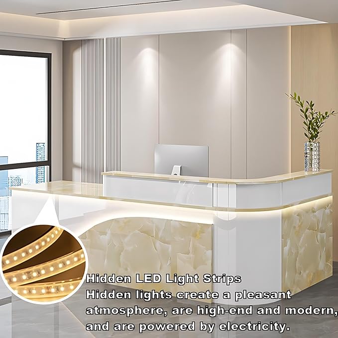 Modern Reception Desk – Front Desk, Reception Counter for Office, Checkout Counter, LED Lighting, Storage, Soft Close Drawers, Custom Logo, Fully Assembled (N,108IN)