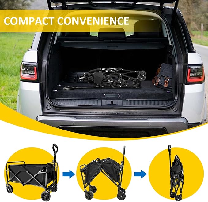 Collapsible Utility Cart Folding Wagon, 220 lbs Capacity Lightweight Rolling Cart with Quiet Wheels, Quick-Fold Design for Camping, Shopping, Ourdoor Use,Black 2PCS