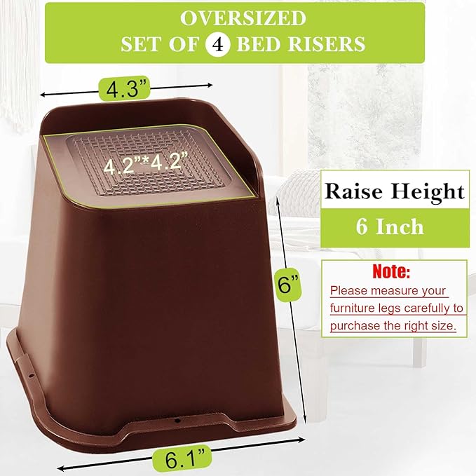 Bed Risers 1 inch, 2 inch, 3 inch, 4 inch, 6 inch, 8 inch Heavy Duty, Oversized Furniture Riser for Couch Sofa Table Chair Leg Frame Dorm, Support up to 6000 Lbs (Chocolat Brown 4 Pack, 6 inch)
