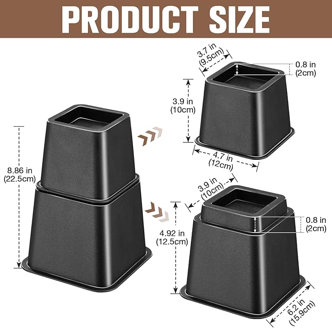 Bed Riser/Furniture Lift Bed/Bed risers/Furniture Lifter/Table risers/Frame Risers Create Under Bed Storage Heavy Duty for Furniture Height Adjustment (Black 6 Pack, 8 Inch)