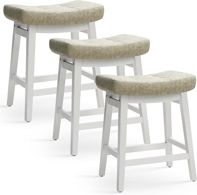 Counter Height Bar Stools Set of 3 for Kitchen Counter Farmhouse Modern Barstools with Faux Leather Upholstered Backless Seat and Solid Wood Legs 24 inch Bar Chairs, Light Grey + White