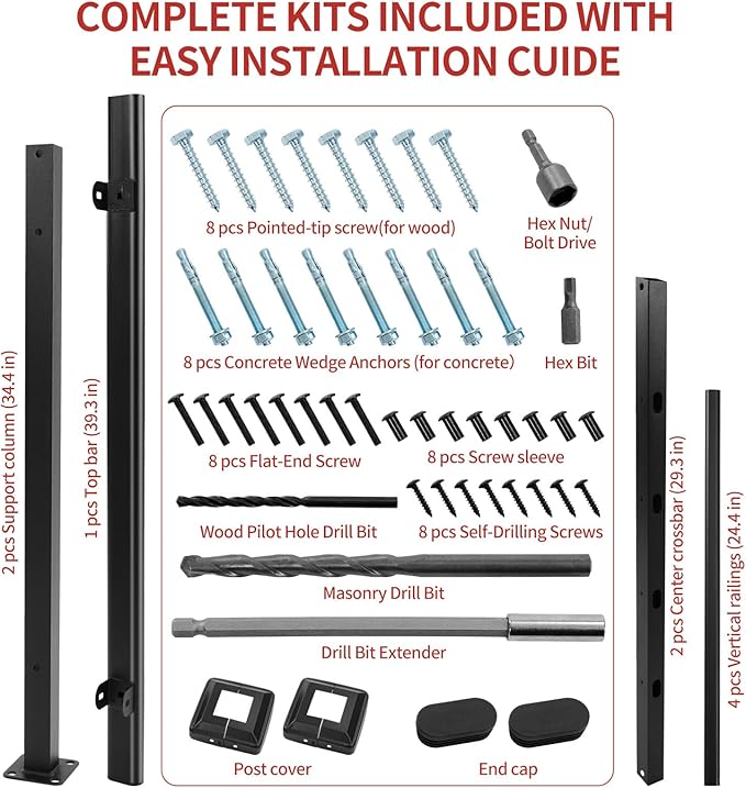 Metty Metal Handrails for Outdoor Steps Suitable for 1 to 5 Steps- Wrought Iron Stair Railing- Step Steady with 5 Feet Handrailing- Safe Indoor Home Banisters (White with Balusters)