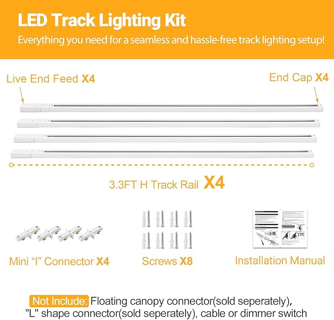 VANoopee H Track Lighting Rails Kit, 13FT H Type Track Rails White with End Caps and Live End Feed Connector, Compatible with Single Circuit 120V H Style Track System, for H LED Track Lighting Heads