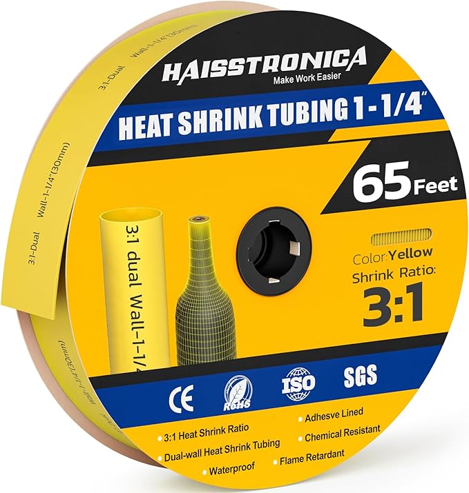 haisstronica 3:1 Heat Shrink Tubing, Shrink Ratio Adhesive Lined Marine Grade Heat Shrink Tube for Home, Automotive and Industrial (Yellow) 65FT 1-1/4inch