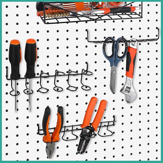 Coume 6 Pcs Pegboard Screwdriver Holders Organizer Pegboard Plier Holders Stainless Steel Peg Board Tool Utility Hooks Accessories Shelving Display Multi-Ring Tool Racks for Shop Store(Black)