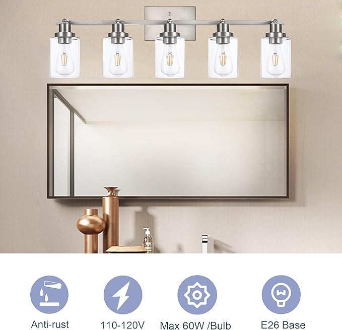 5 Light Track Lighting Kit Brushed Nickel Kitchen Track Lighting Fixtures Ceiling Mount Bathroom Vanity Wall Scones Light Fixture with Clear Glass, Rotatable Spotlight for Kitchen Shop Hallway