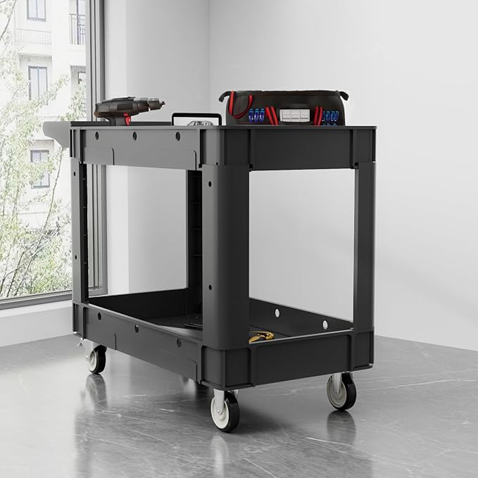 Commercial Grade 2 Shelf Utility Cart with Wheels - Rolling Tool Trolley, Heavy Duty Service Push Cart for Business Warehouse Office Restaurants Ecommerce Garage
