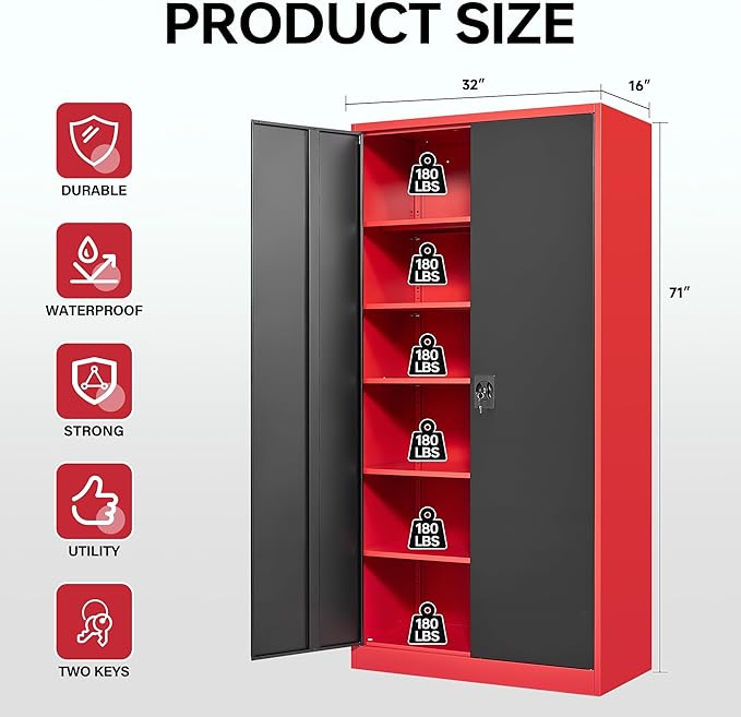 Letaya Metal Storage Cabinets with Lock, 71" Tall Locker Organizer Steel Cabinets, Adjustable Shelves 2 Doors for Home, Office, Warehouse,Garage,Industrial,Employee Lockers (Style B, Black Red)
