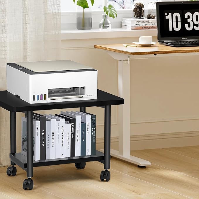 Under Desk Printer Stand - 2-Tier Industrial Mobile Printer Table with Storage Shelf, Heavy Duty Wood Rolling Printer Cart with Wheels for Home and Office,Classic Black