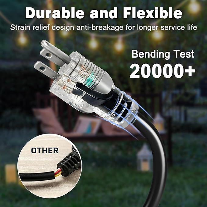 3FT 2 Pack 12 Gauge 3 Outlet Outdoor Extension Cord 12/3 Heavy Duty SJTW Power Cord 3 Way Waterproof Power Cable 3 Prong Grounded with Light 12AWG 15Amp 1875W ETL Listed