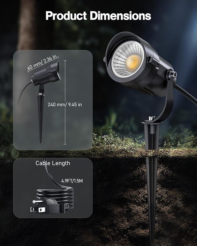 HIBOITEC 12W Spot Lights Outdoor 120V Landscape Lighting Waterproof Spotlight with 4.9ft 3-Plug LED Plug in Landscape Lights for Yard Gardern Decorations 2900K 2Packs