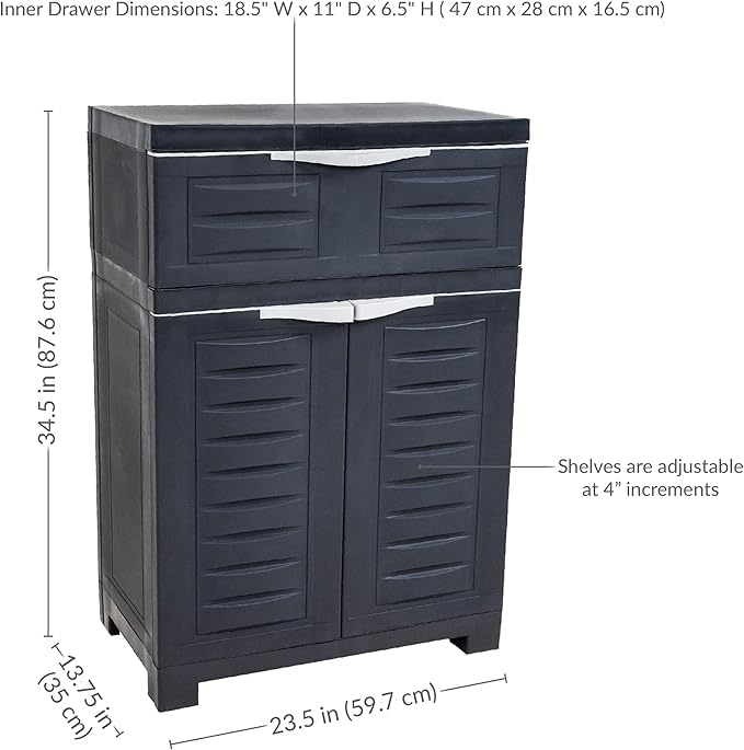 Sunnydaze Plastic Garage Storage Cabinet with Adjustable Shelf - 34.5" H - Garage, Office, Home, Laundry Room - Charcoal