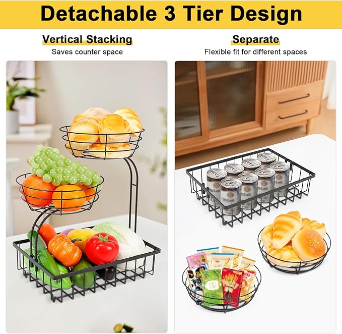 3 Tier Countertop Fruit Vegetable Basket Bowl Storage, Solid Metal Kitchen Counter Organizer for Storing Fruits, Veggies, Bread, Snacks (Black)