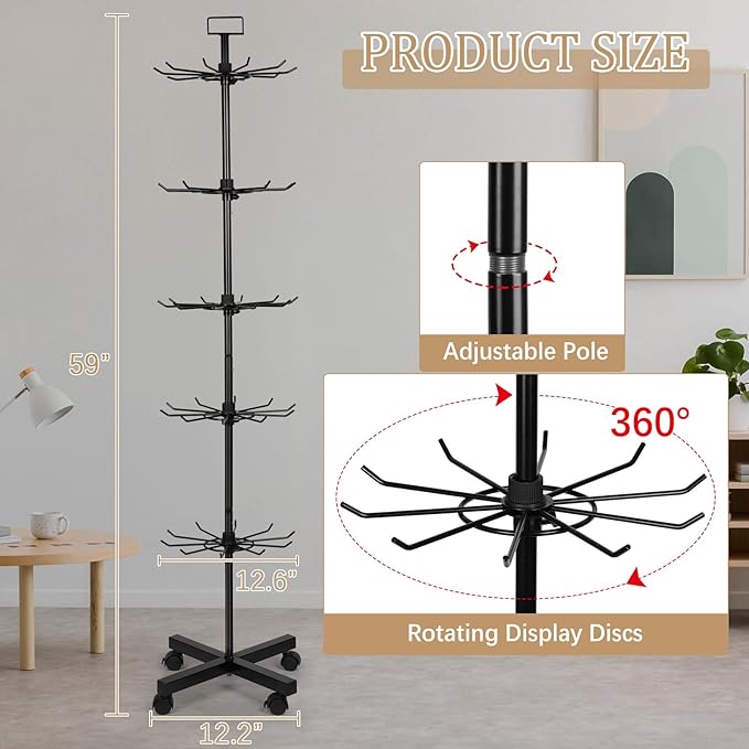 5-Tier Metal Spinning Display Stand Rack with Wheels, Black Iron, 50 Hooks, Lockable Wheels, Ideal for Jewelry, Accessories, Foods