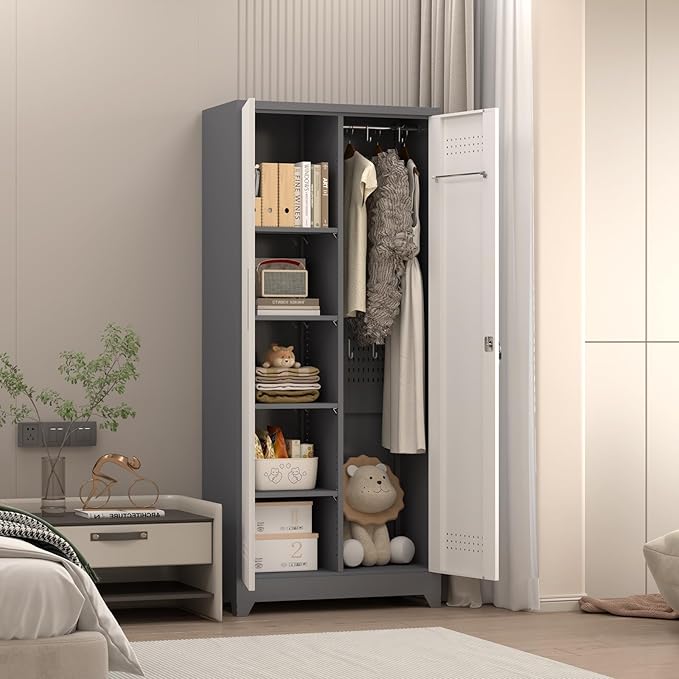 LUCYPAL Metal Garage Storage Cabinet,Broom Closet Storage Cabinet with Locking Doors and Shelves,Cleaning Tool Cabinets with Hanging Rods for Kitchen,Garage,White&Grey 65" H