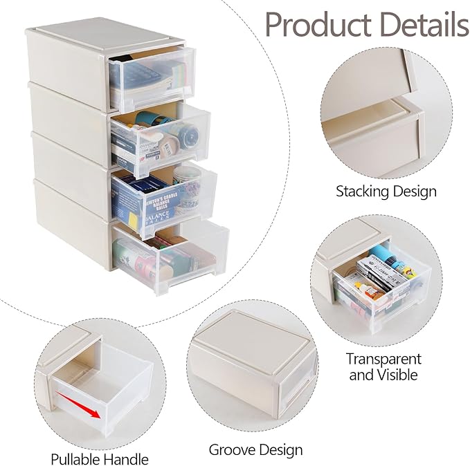 12 Quart Desktop Drawer Storage Unit, Plastic Stackable Storage Drawer, 4 Pack
