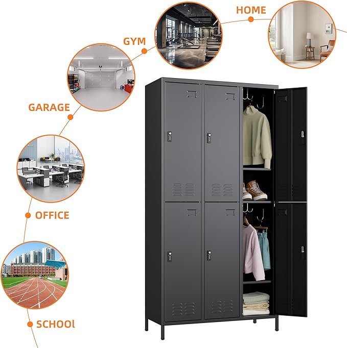 Aobabo Combination Lock Metal Storage Locker for Employees, 6 Doors Lockable Storage Locker with 18 Hooks for Office Gym School, Black, Assembly Required