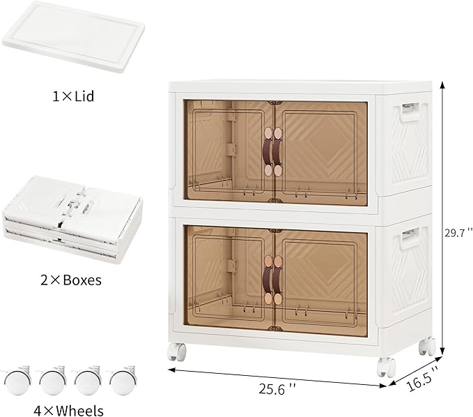 Storage Bins with Lids and Wheels, 199QT-99.5QT*2Tier Collapsible Bathroom Storage Cabinet with Clear Doors, Plastic Stackable Closet Organizers and Containers White