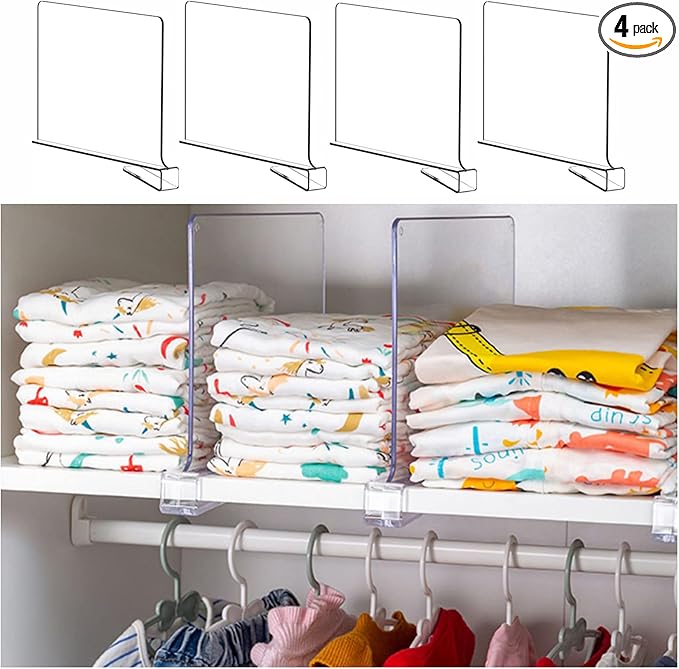 Yieach 4 Pack Clear Acrylic Shelf Divider for Closet Organization - 9.2″ Tall Closet Dividers for Wood Shelves,Cupboard,Vertical Shelf Separators in Closet for T-Shirt,Purse,Handbag,Sweater Organizer