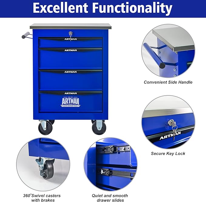 4 Drawers Tool Cart on Wheels with Stainless Steel Worktop, Heavy Duty Mobile Rolling Drawer Tool Chest with Locking Wheels & Lockable Drawers, Garage Tool Storage Cabinet (Blue, 4 Drawers)