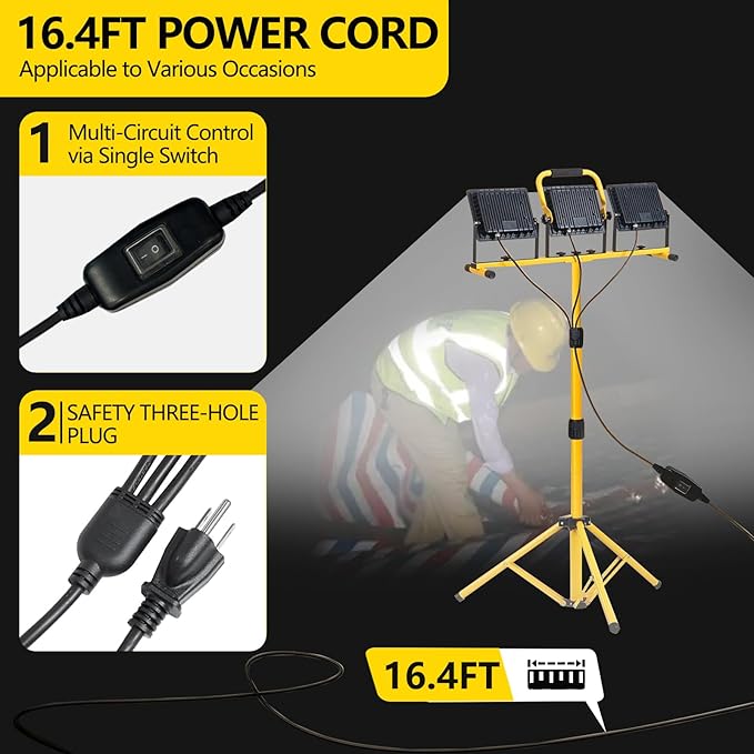 32000LM LED Work Light with Tripod, 3x100W 3-Head Floodlight, Plug-in 120V, 3 CCT 3000K/5000K/6500K, 360° Adjustable, IP66, 43.7-65.4 in, 16.4 ft Cord, Portable Telescoping Stand for Jobsite/Workshop
