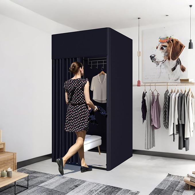 Clothing Store Fitting Room, Portable Dressing Room, Movable Changing Room for Boutique with Shading Fabric Cloth Privacy Curtains Screen for Bar Party Pool (Black)
