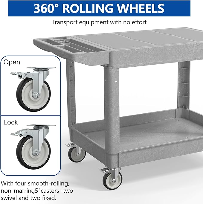 550LBS Utility Cart, Flat Top 46x25 Inch Utility Cart with Wheels,Heavy Duty Service Cart-Lipped Shelves,Ergonomic Storage Handle and Swivel Wheels for Warehouse, Garage, Cleaning,Gray