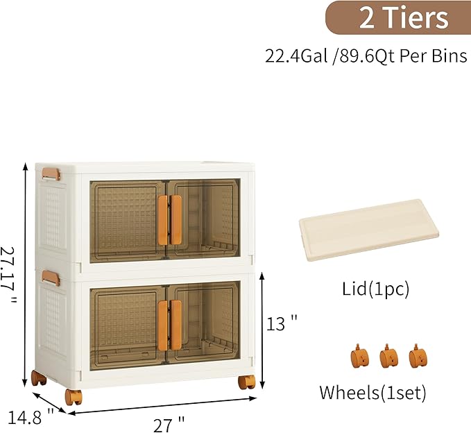 Plastic Stackable Storage Bins with Lids and Wheels, 179.2QT-89.6QT*2Tier Foldable Closet Organizers and Containers, Collapsible Clear Drawer Storage Cabinet with Doors Ivory White