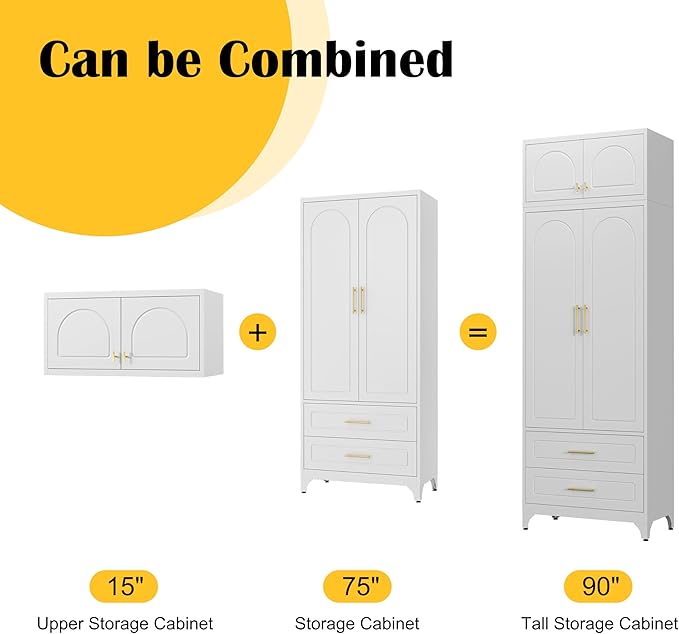 Kitchen Pantry Cabinet，90" Storage Cabinets with Doors and Shelves,Metal Pantry Cabinet with 2 Drawers,White Kitchen Cupboard for Livingroom,Pantry, Bathroom