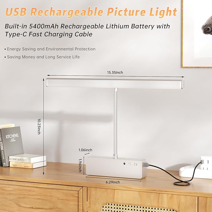 Lightbiz Picture Light 2 Pcs, 15.35inch 5400mAh Rechargeable Picture Lights for Wall Battery Operated Wall Lights with Remote, 3 Colors Paintings Light Dimmable Art Light for Artwork, Gallery (Silver)