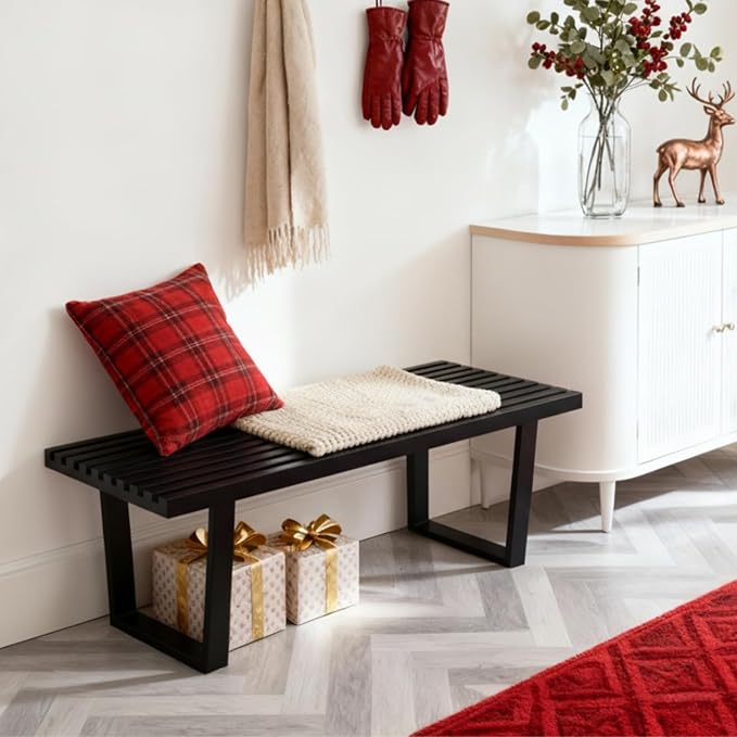 55" Black Solid Wood Entryway Bench, Modern Nelson End of Bed Bench for Bedroom w/Metal Legs, Dining Bench Long Ottoman for Front Entryway Living Room Dining Room Kitchen