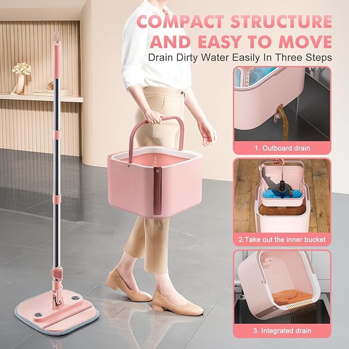 Upgraded Spin Mop and Bucket System Set, Self Separate Clean and Dirty Water, Foldable Square Standing Mop Head with Microfiber Mop Pads, Detachable Bucket (Pink, Mop Set with 2PC Pads)