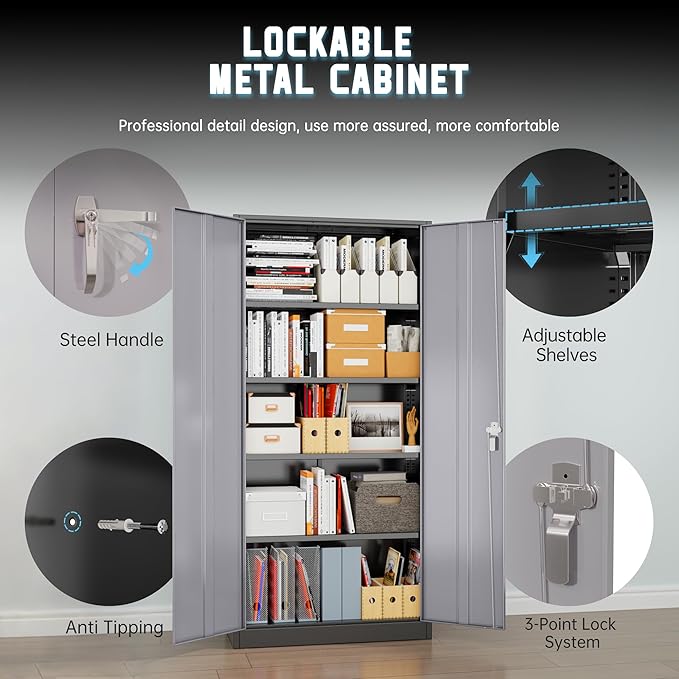 Superday Metal Storage Cabinet with Lock, 72" H Garage Storage Cabinet with Doors and 4 Adjustable Shelves,Black Grey Steel Locking Cabinets for Office, Home, Garage, Gym, School
