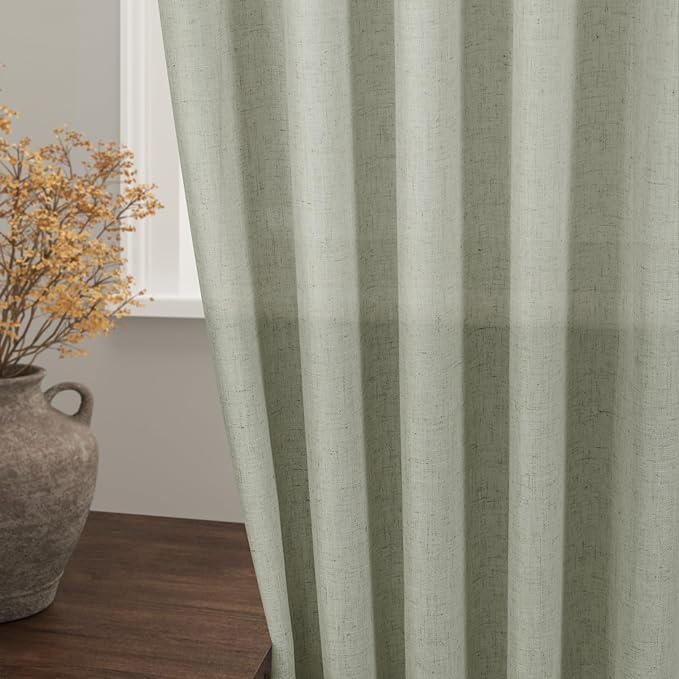 Sage Green Curtains 100 inches Long 2 panels for Living Room Back Tab Rod Pocket Semi Sheer Linen Draperies Muted Neutral Sage Room Decor Earth Tone Pale Green Curtains 100 inch Length for Bedroom