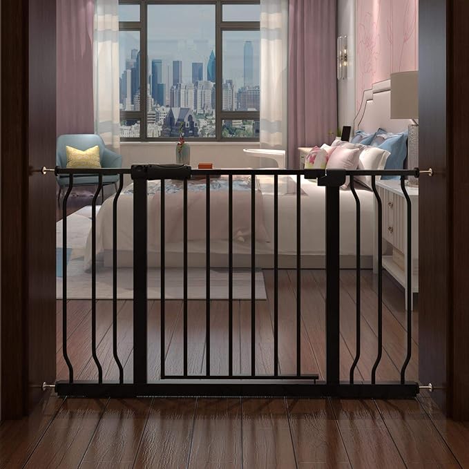 Extra Wide Baby Gate Tension Indoor Safety Gates Black Metal Large Pressure Mounted Pet Gate Walk Through Long Safety Dog Gate for The House Doorways Stairs (38.58"-43.31"/98-110CM, Black)