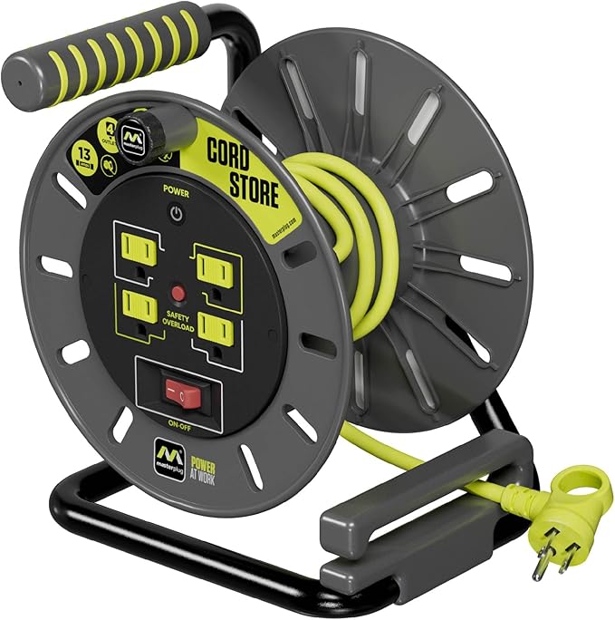 Masterplug 3ft Cord Reel, Retractable Extension Lead with Winding Handle, Safety Overload Circuit Breaker and Power Switch, 4x Grounded Outlets, 13amps, 14AWG Cable