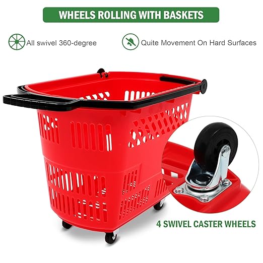 FAHKNS Red Shopping Carts with Wheels, 6PCS 35L Portable Shopping Baskets Set, Grocery Basket with Handles for Supermarket, Retail Store, Laundry