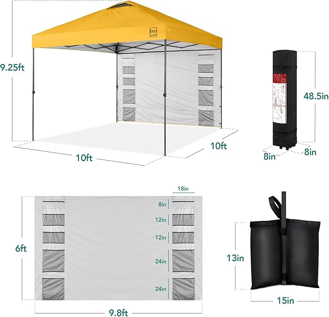 Best Choice Products 10x10ft Easy Pop Up Canopy w/Side Wall, 10 Pockets, Portable Carrying Case, 1-Button Setup, 4 Weight Bags - Marigold